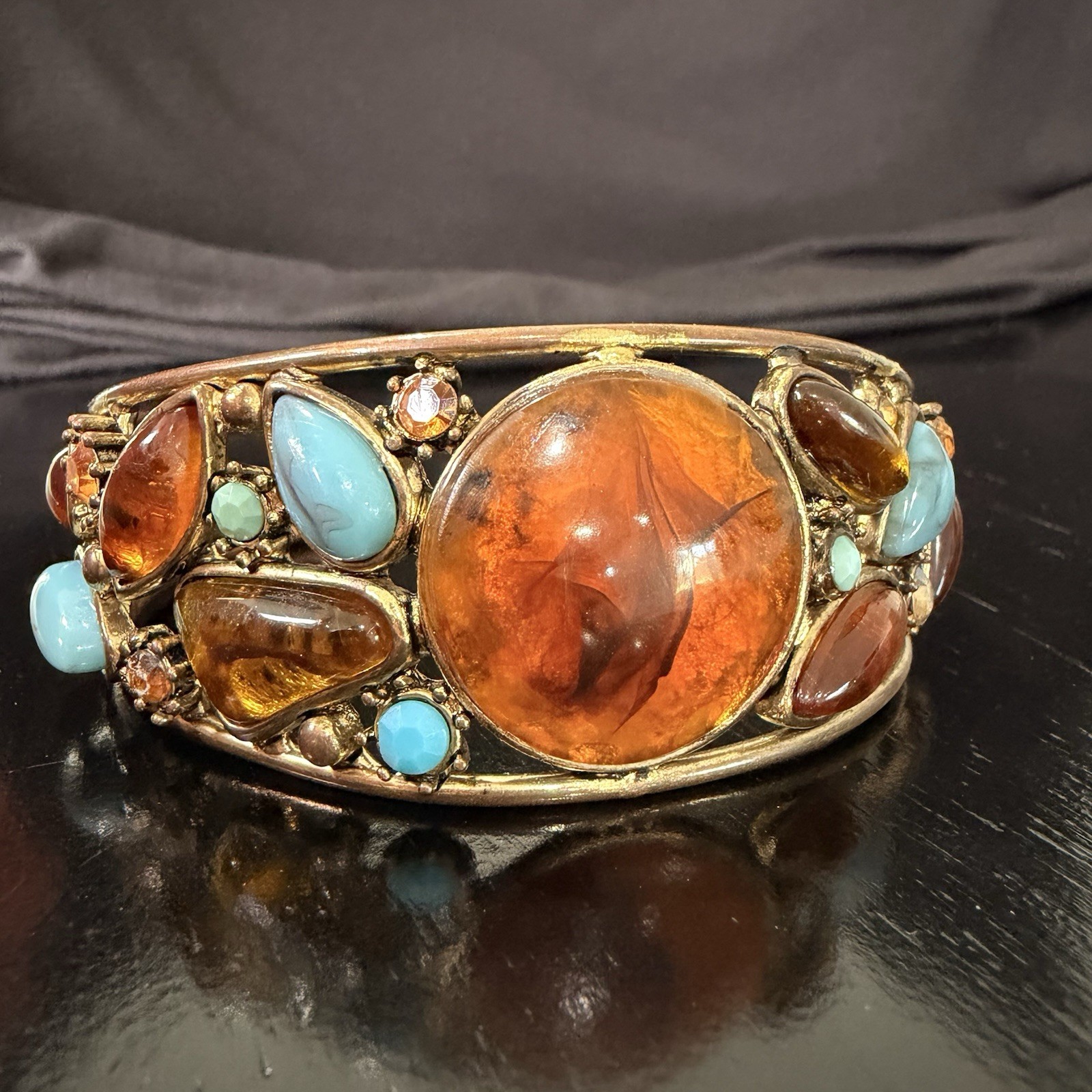 Vintage Amber Lucite Cabochon Cuff Bracelet Turquoise Glass Boho Statement 8in