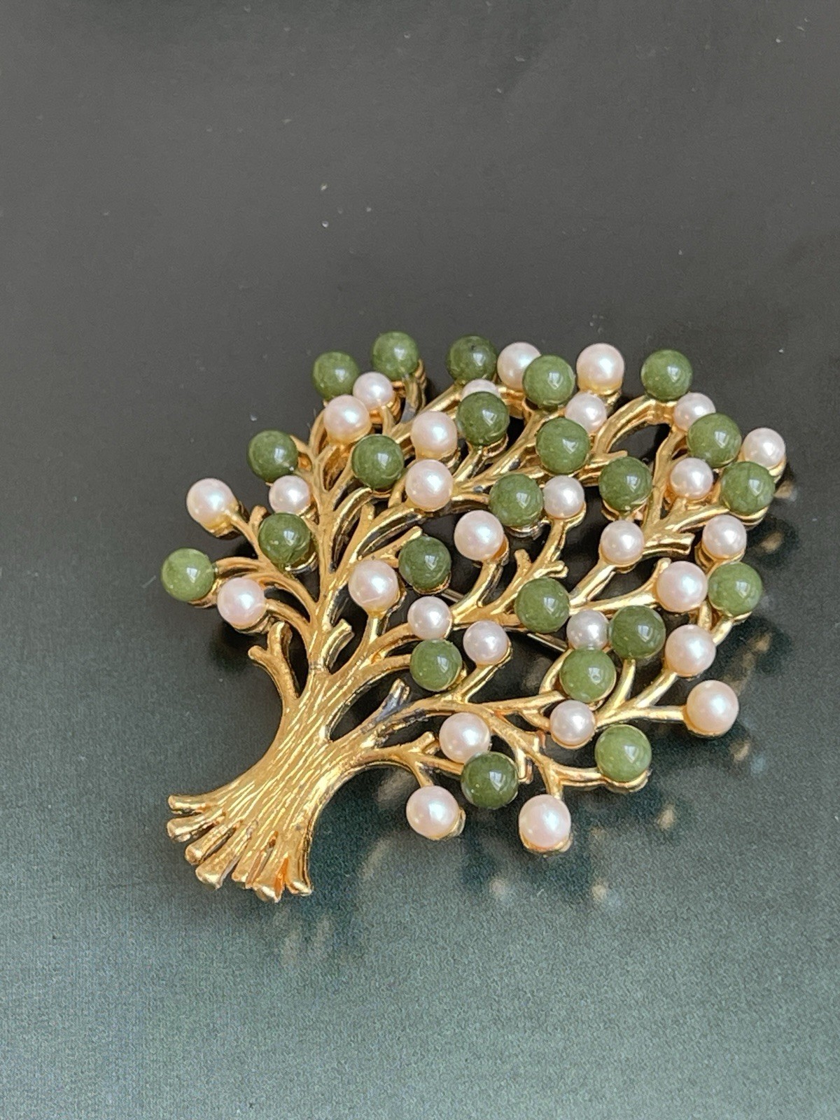 Vintage tree of life brooch green jade- like stone&pearl beads Swoboda style