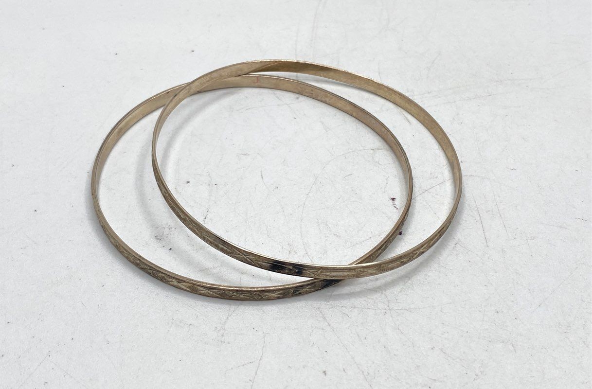 Sterling Silver 925 Diamond Cut Bangle Bracelets Set of 2 8.5″ 14.3g