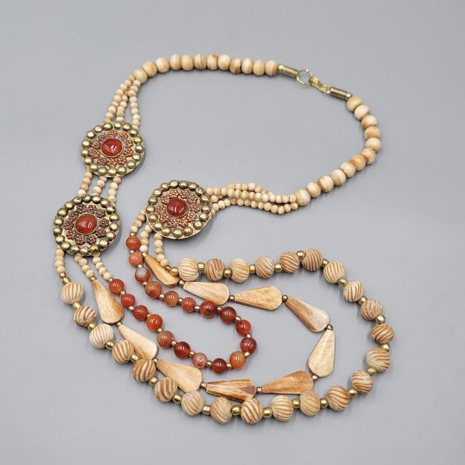 Vintage Ethnic African Bead Necklace Bovine Cow Bone Brass Carnelian Stone