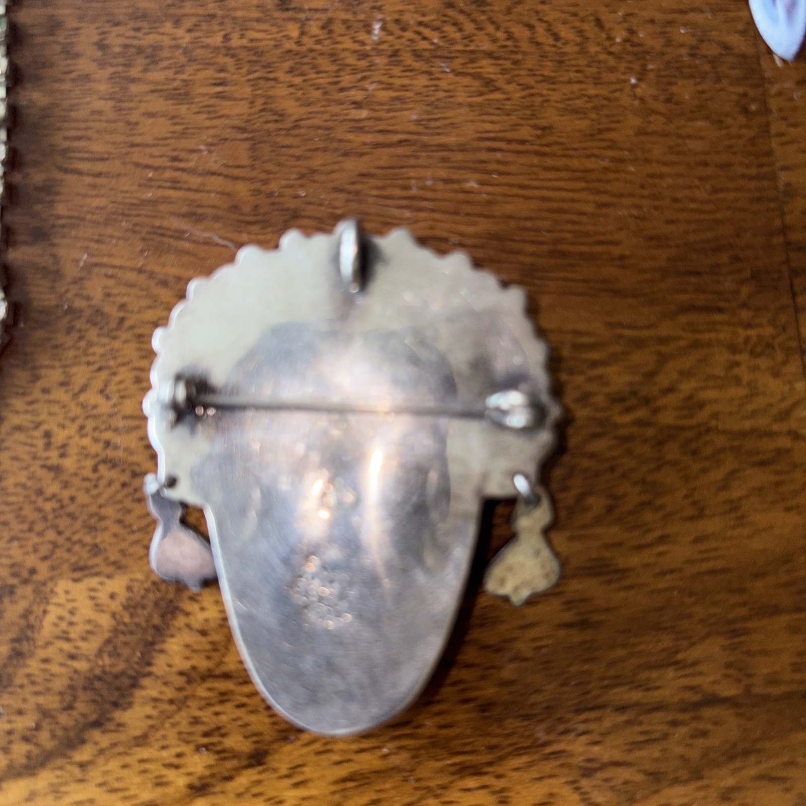 Vintage Mexican Sterling Silver Obsidian Mask Brooch Aztec Style