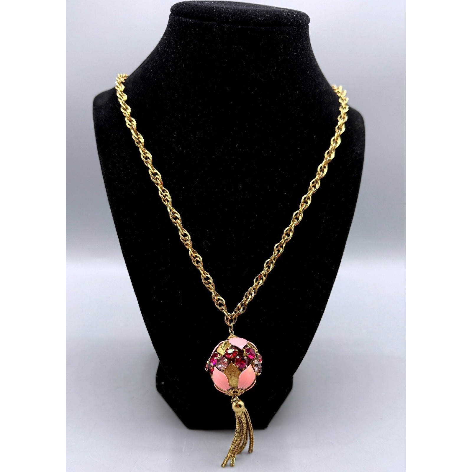 Vintage Gold Tone Orb Pendant Necklace Pink Enamel Rhinestone Tassel 28 Inch