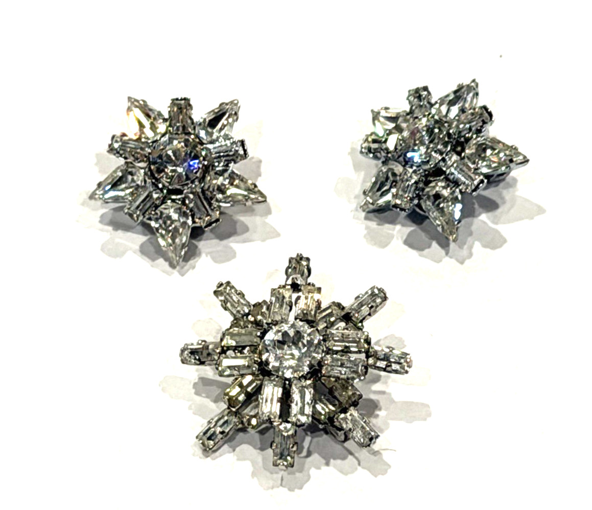 ART DECO AUSTRIA SILVER CRYSTAL RHINESTONE STAR BROOCH CLIP ON EARRINGS SET LOT