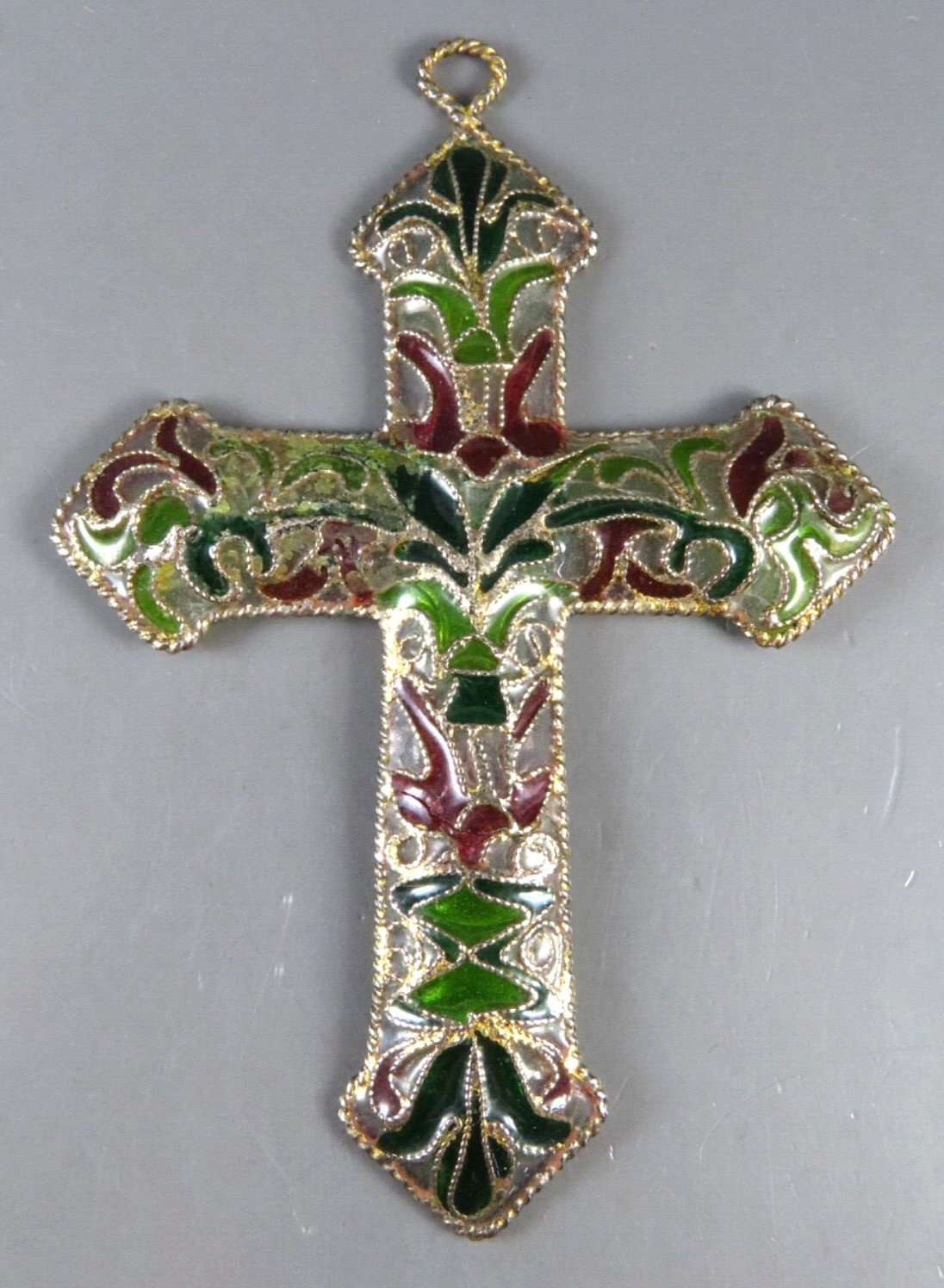 VTG PLIQUE A JOUR CROSS Green Gold Burgundy CLOISONNE GLASS Pendant Ornament