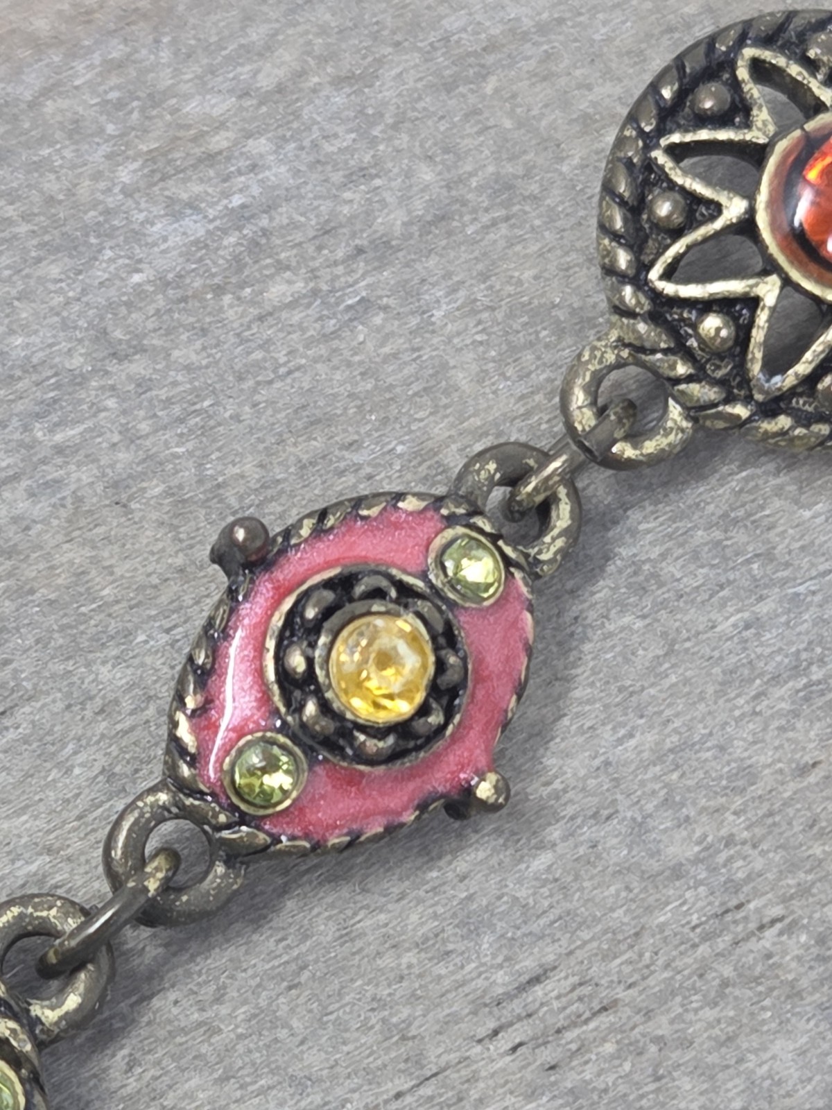 Orange Pink Yellow Y-Drop Necklace & Earring Set Rhinestones Enamel Bronze Tone