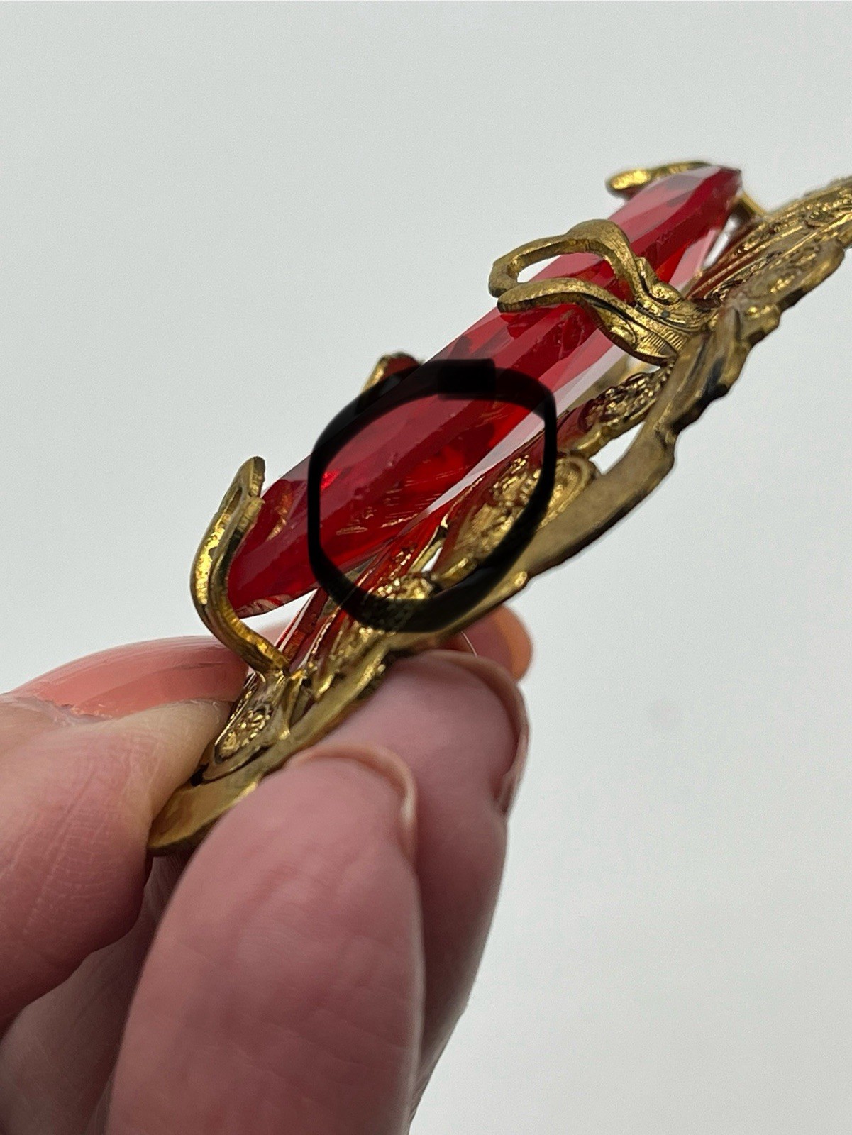 Vintage Large Red Glass Ornamental Brass Setting Brooch Missing Pin READ