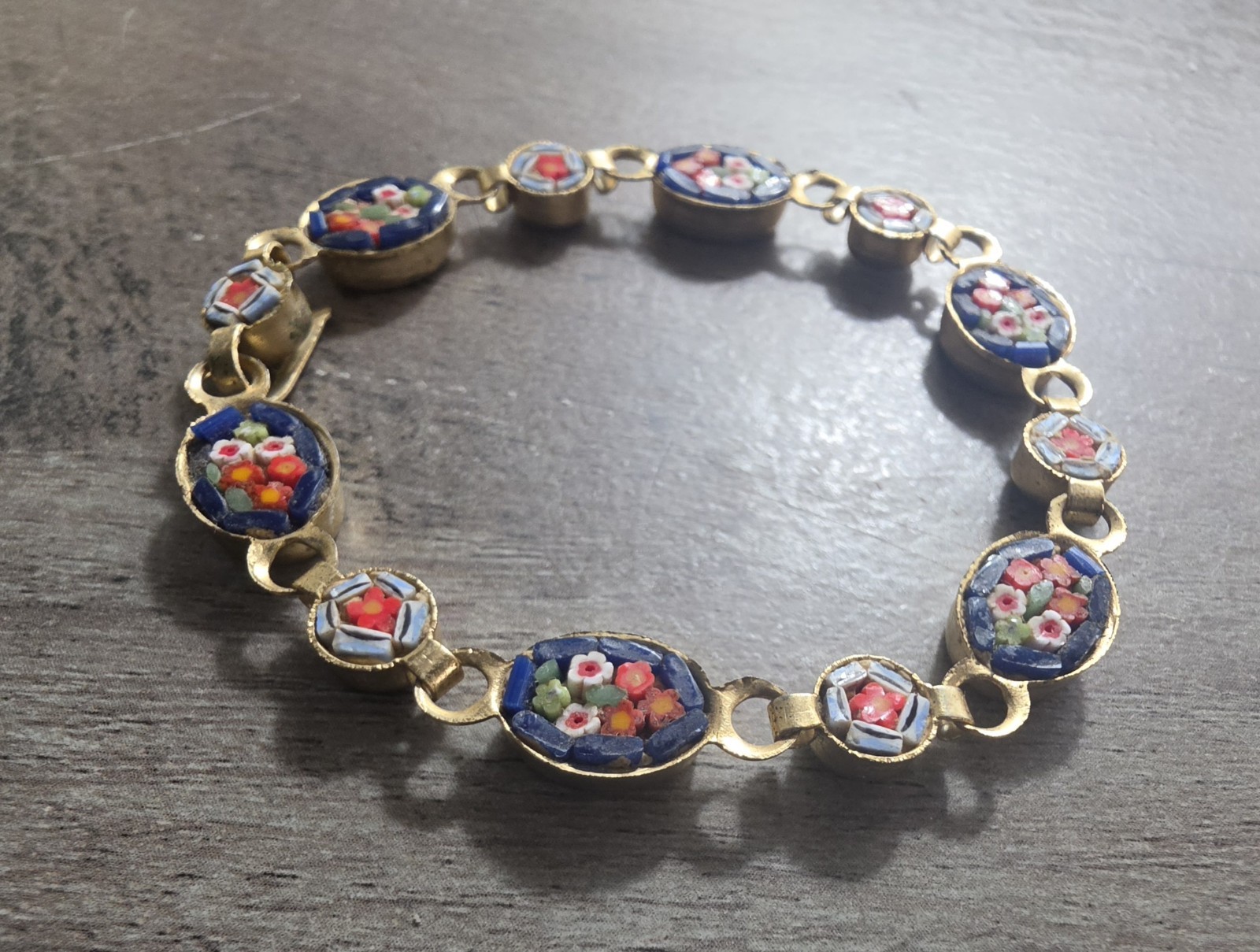Vintage Micro Mosaic Multi Color Floral Design Linked Bracelet