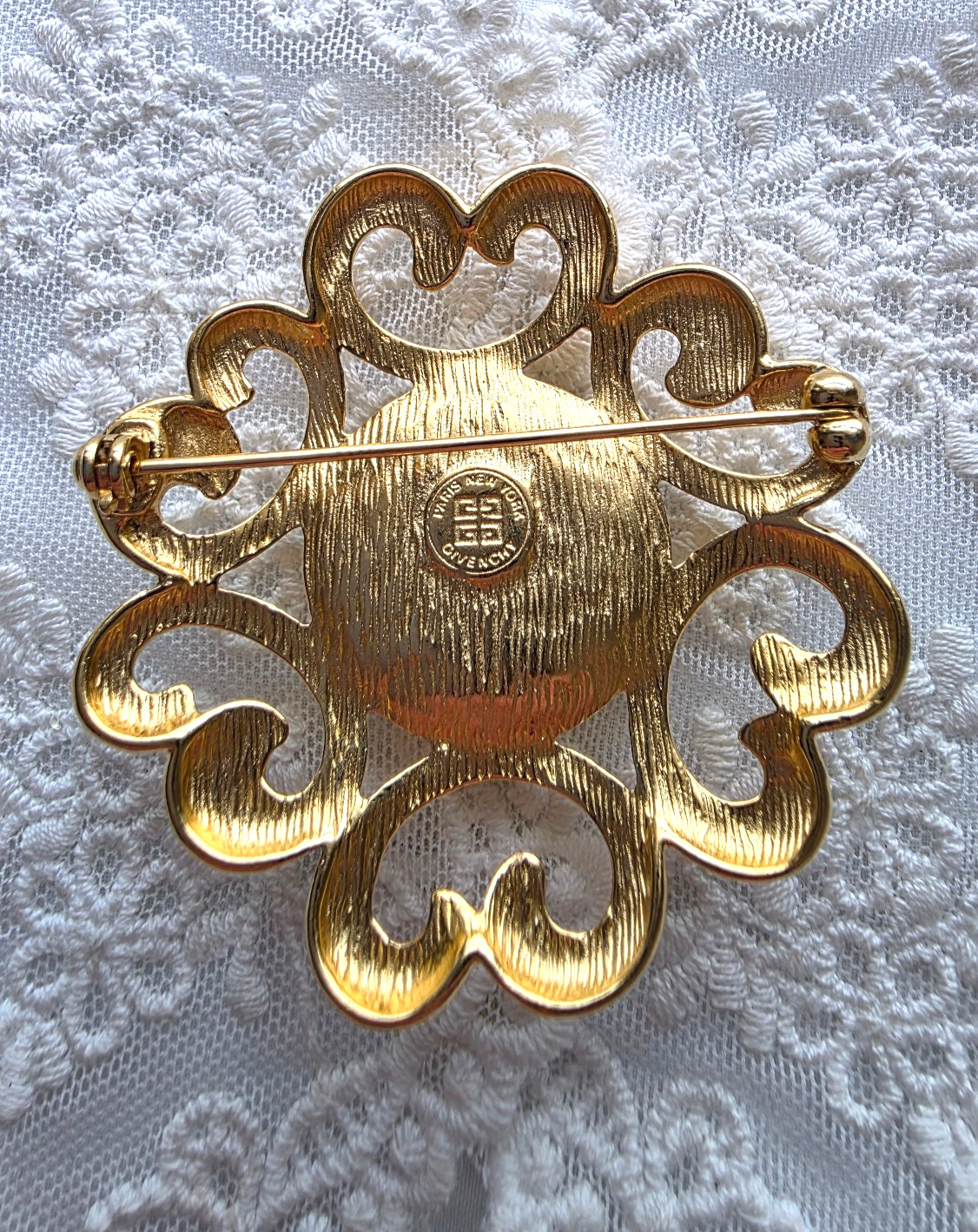 Vintage Signed Givenchy Brooch Pin Faux Pearl Open Work Gold Tone 2″