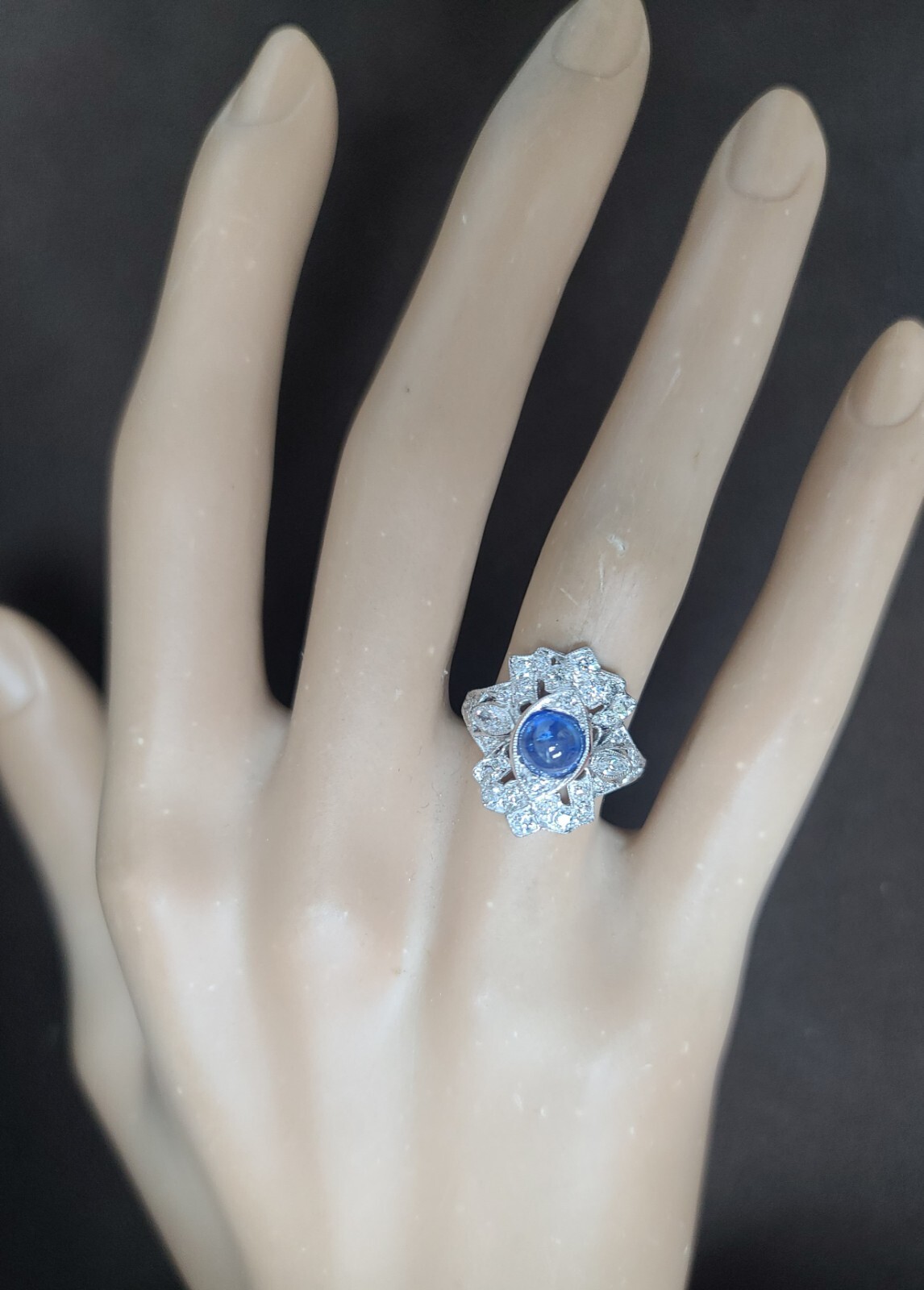 Vintage Platinum Ring 1.23CT. Natural Blue Sapphire cabochon round circ 1930’s
