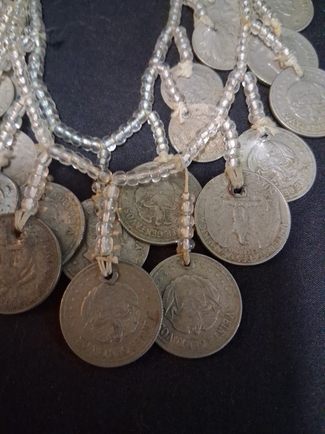 Coins From Around The World Necklace 1930s-60s Clear Beads String Custom Made