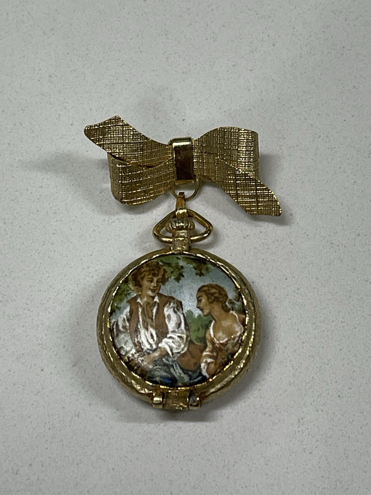 House of Fuller Solid Perfume Enameled Gold Locket Bow Brooch Unused