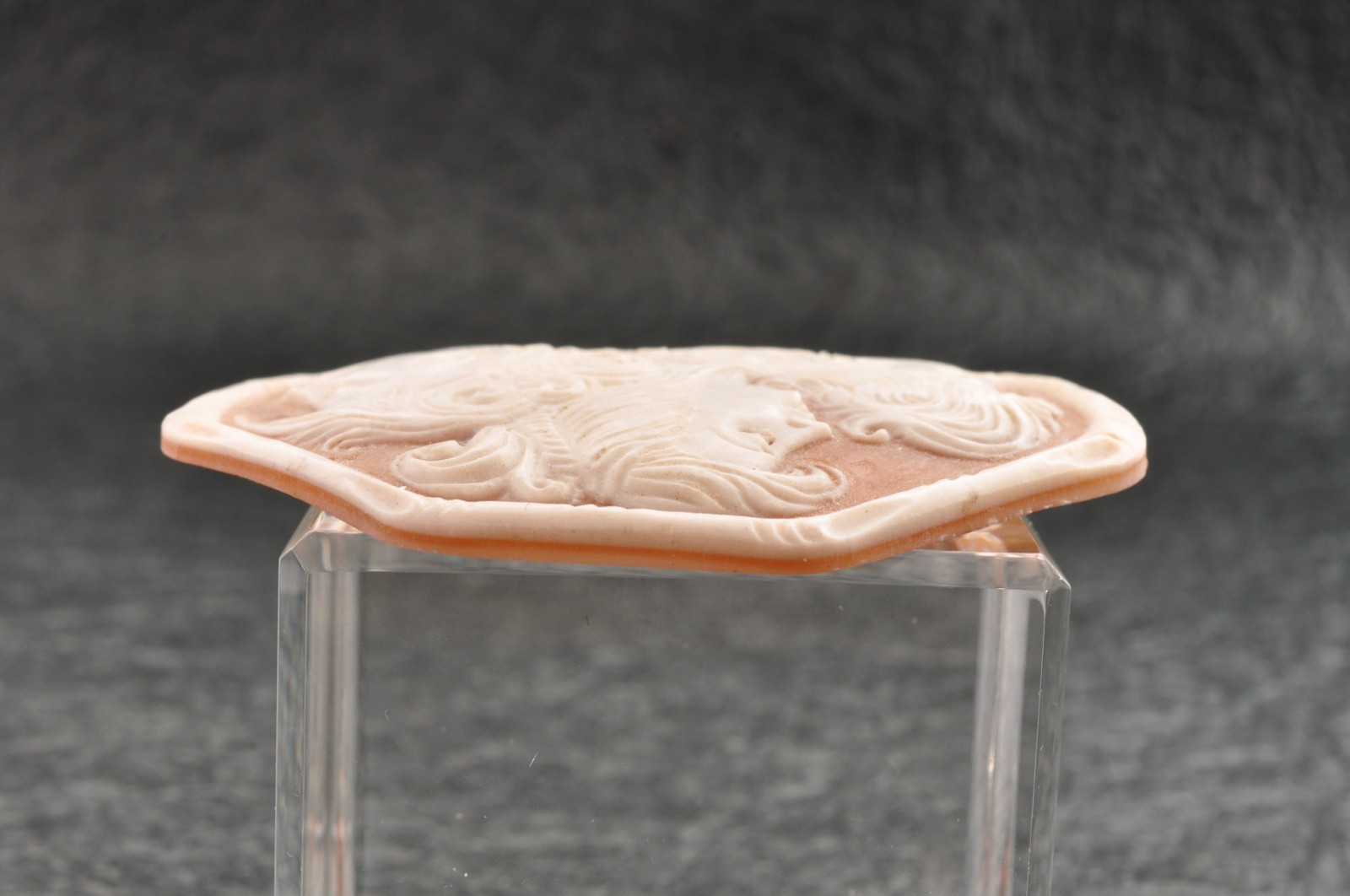Vintage hexagon shell cameo carved “Three Girls” (41.5ct) sign by artist case.