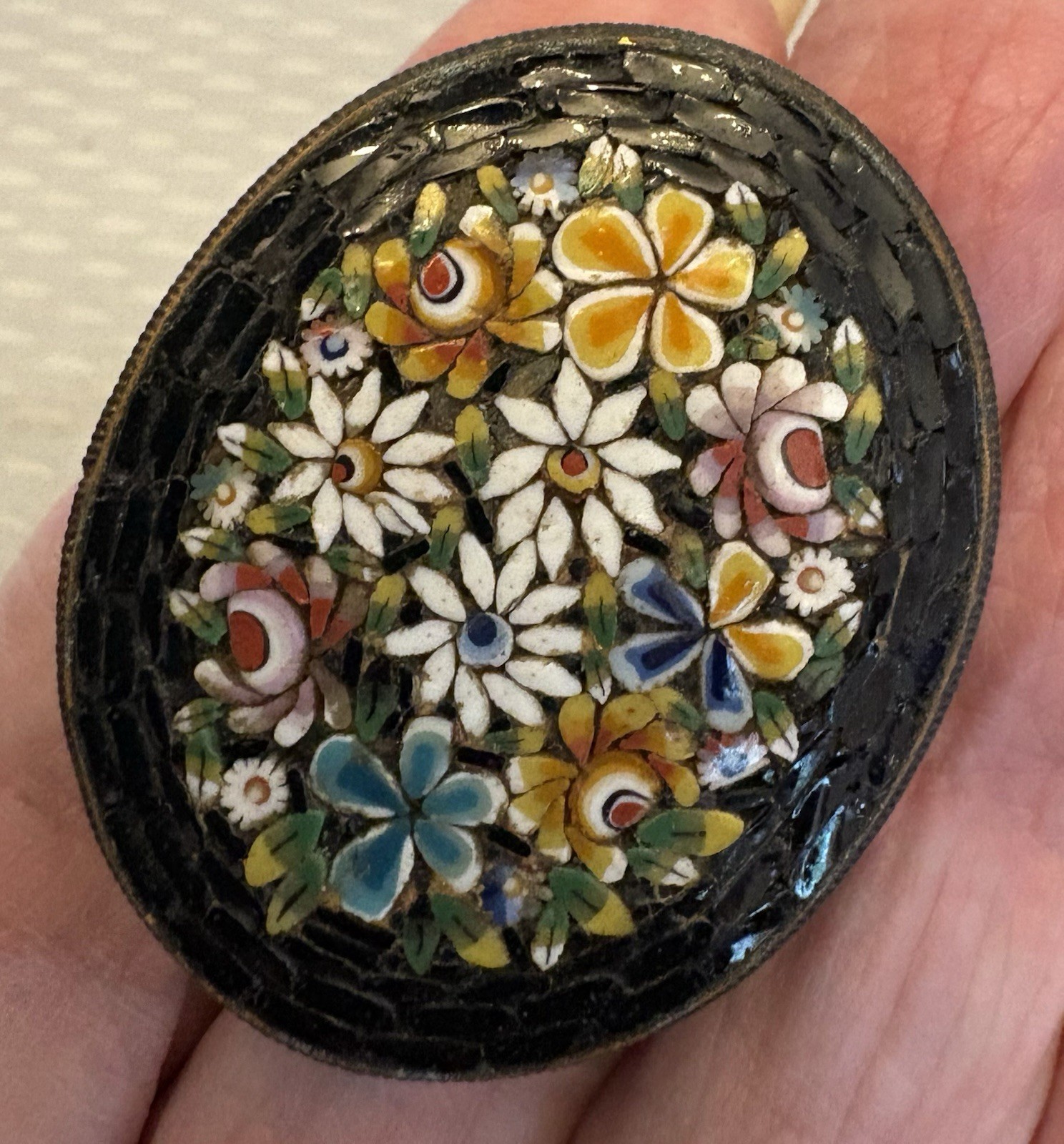 Antique Micro Mosaic Brooch Signed FAP Italy Black Daisy Bouquet Brass C hook