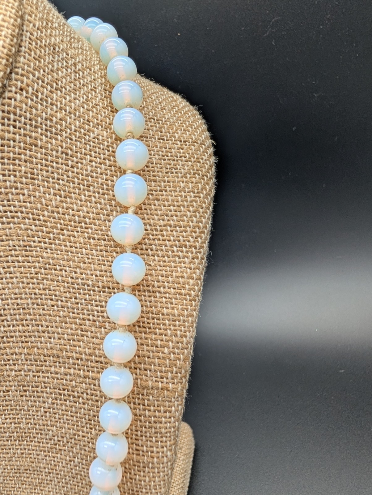 VINTAGE OPALITE OR OPALINE OPALESCENT GLASS BEAD NECKLACE HAND KNOTTED 23″