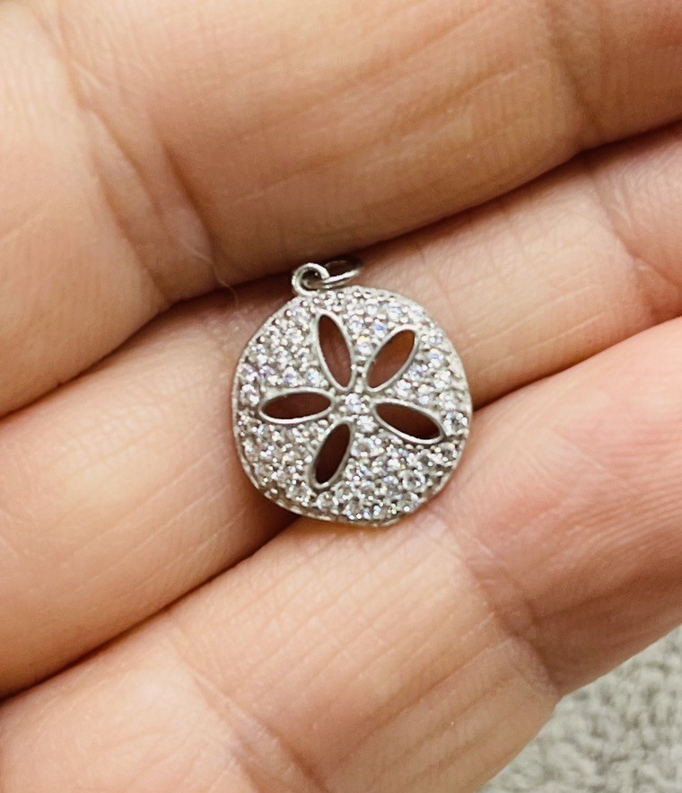 925 Sterling Silver Pave Rhinestone Sand Dollar Charm Pendant