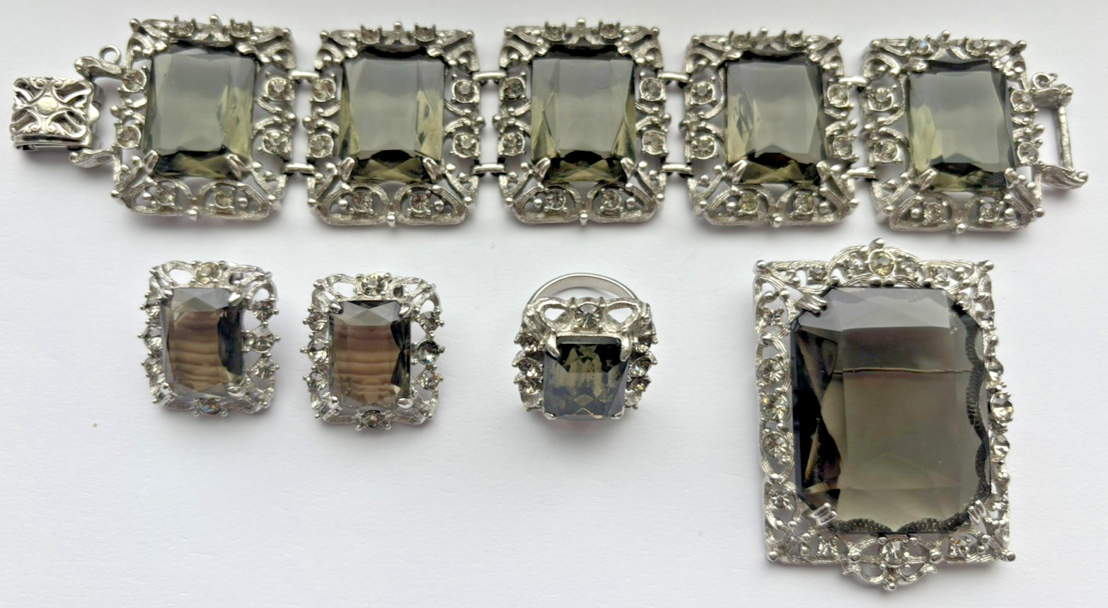 1962 SARAH COVENTRY Celebrity Smoky Rhinestone Bracelet Brooch Earrings Ring Set