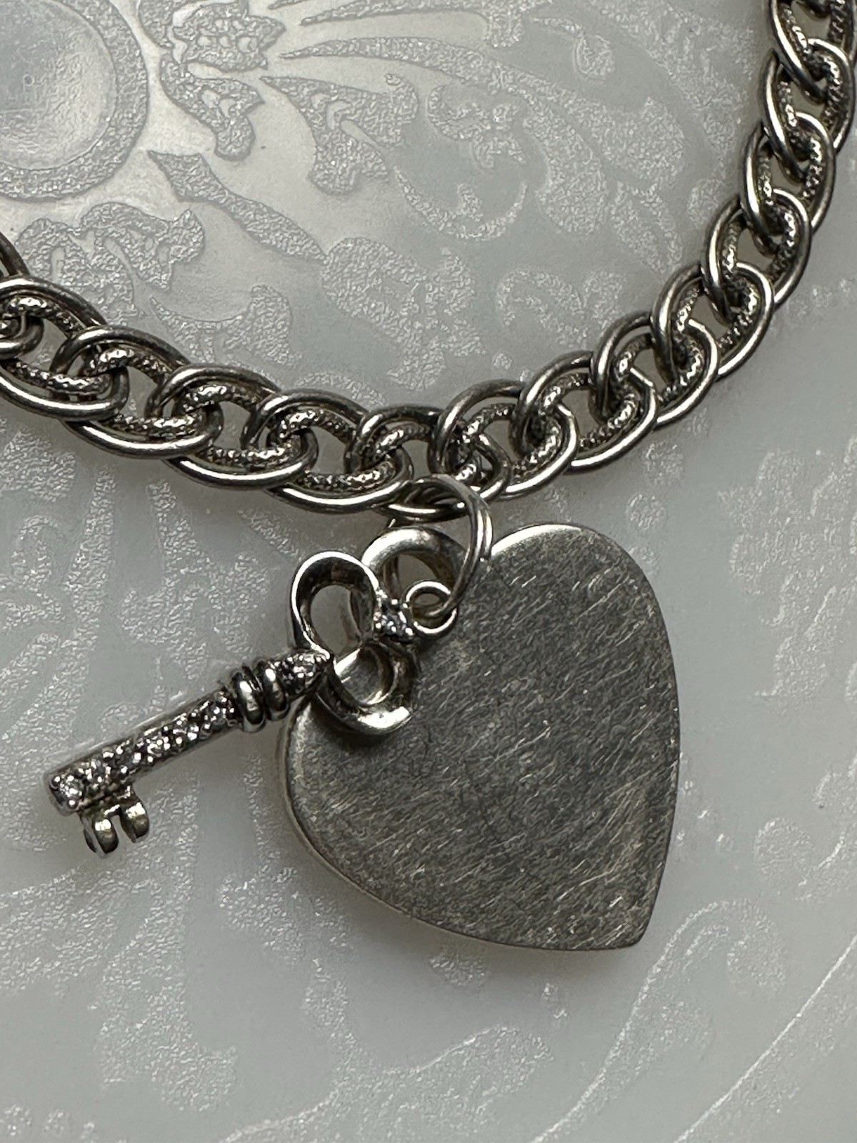 Vintage Sterling Silver Double Link Charm Bracelet Charms Heart Key 7 1/2” Love