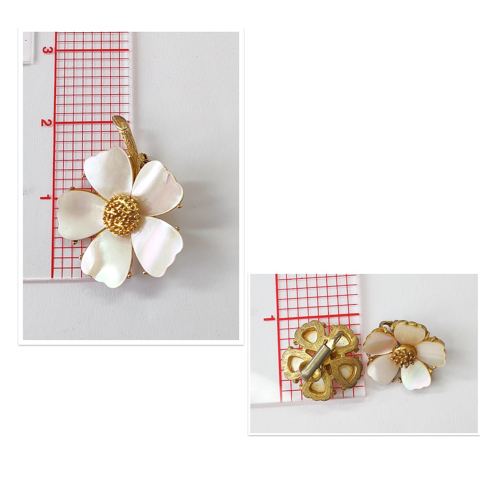 Vintage MOP Flower Set Pin Clip Earrings + Pendant Hook Converters Pearly MANDLE