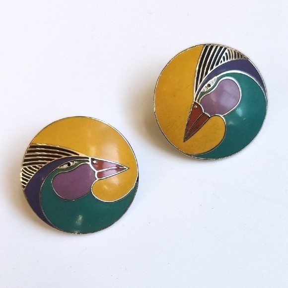 Vtg Laurel Burch Harlequin Bird Earrings – Round Circle Gold Tone Studs Yellow