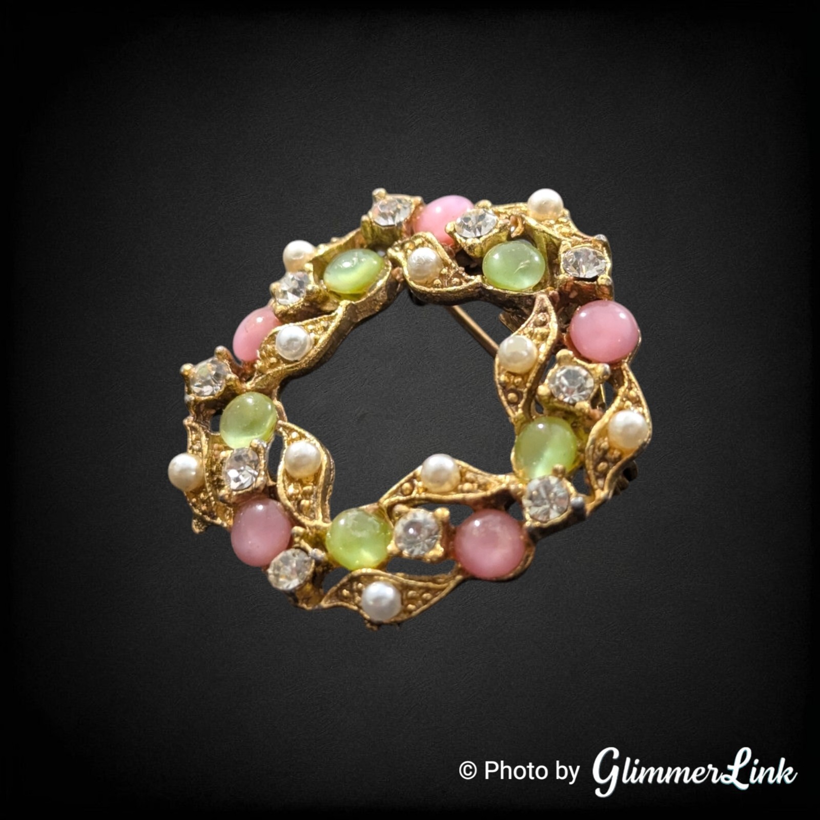 Vintage Pastel Multicolor Moonglow Cabs Faux Pearl Rhinestone Wreath Brooch Pin