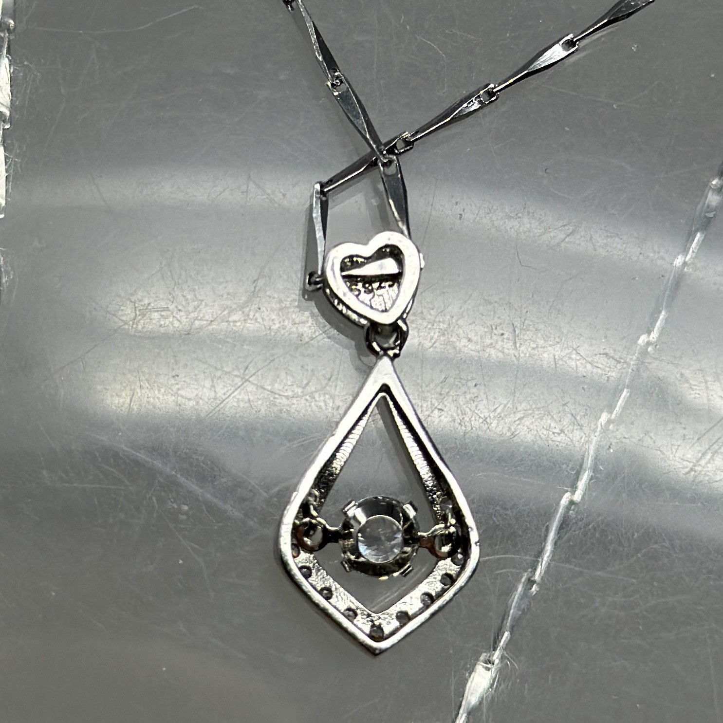 Vintage 925 Sterling Silver Love Drop Dancing Solitaire Crystal Pendant Necklace