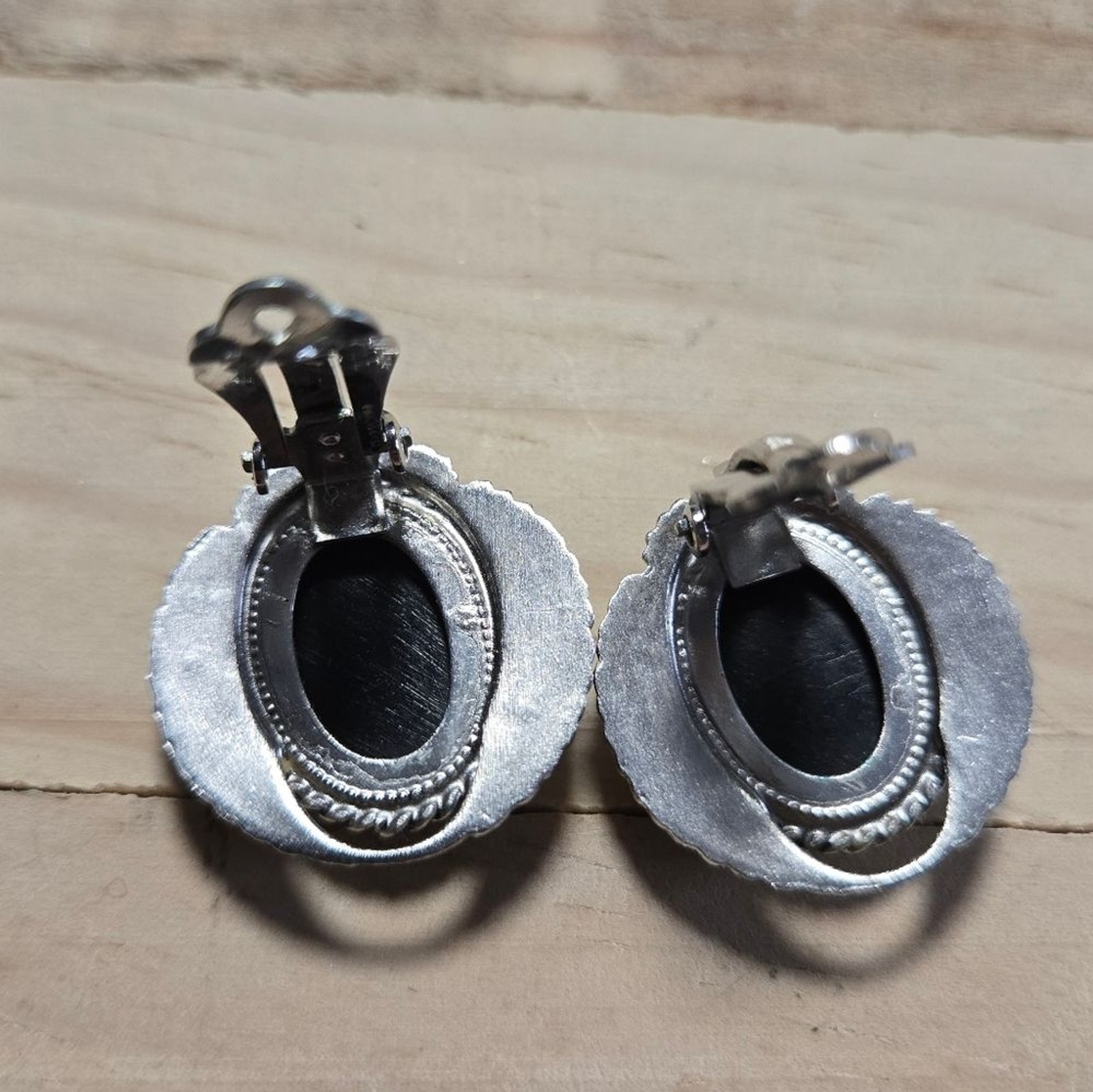 Whiting & Davis Silver Tone and Hematite Clipon Earrings with Intricate Design