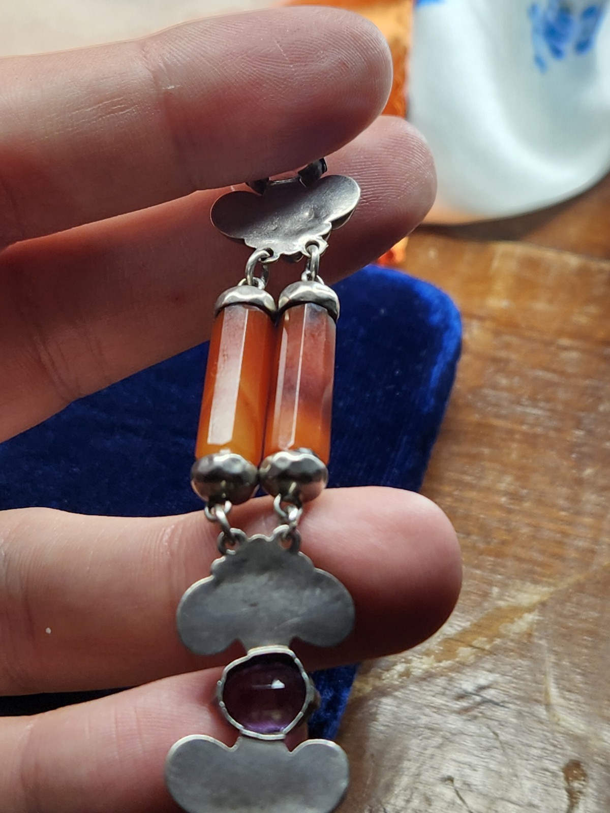 VINTAGE ANTIQUE SILVER SCOTTISH AGATE & AMETHYST BRACELET HOOK CLASP