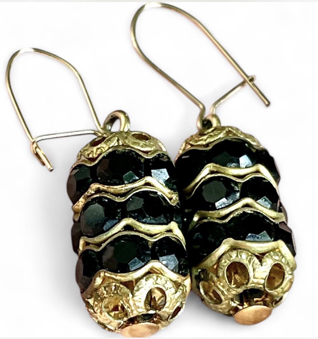 Vintage Black Glass Rhinestone Gold Tone Dangle Earrings Gothic Quiet Luxury EUC