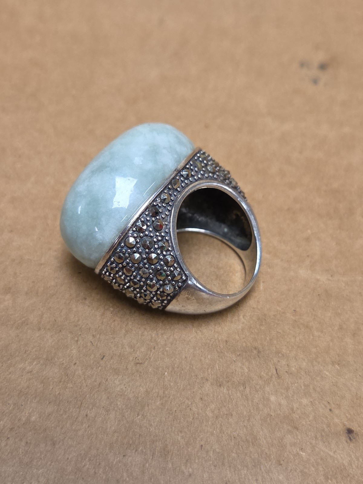 Vintage Green Large Oval Stone Marked Sterling Silver Ring Size 5.75 *SEE PICS