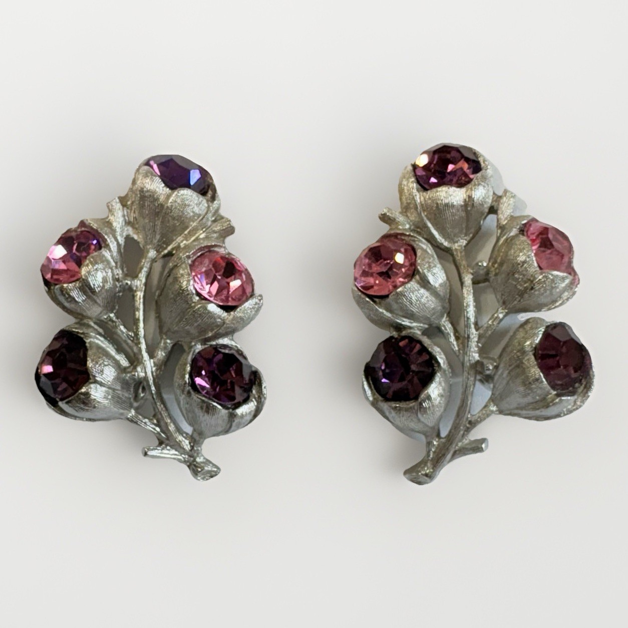 Vtg Sarah Coventry Wisteria Clip Earrings Set Pink Purple Rhinestone Silver Tone