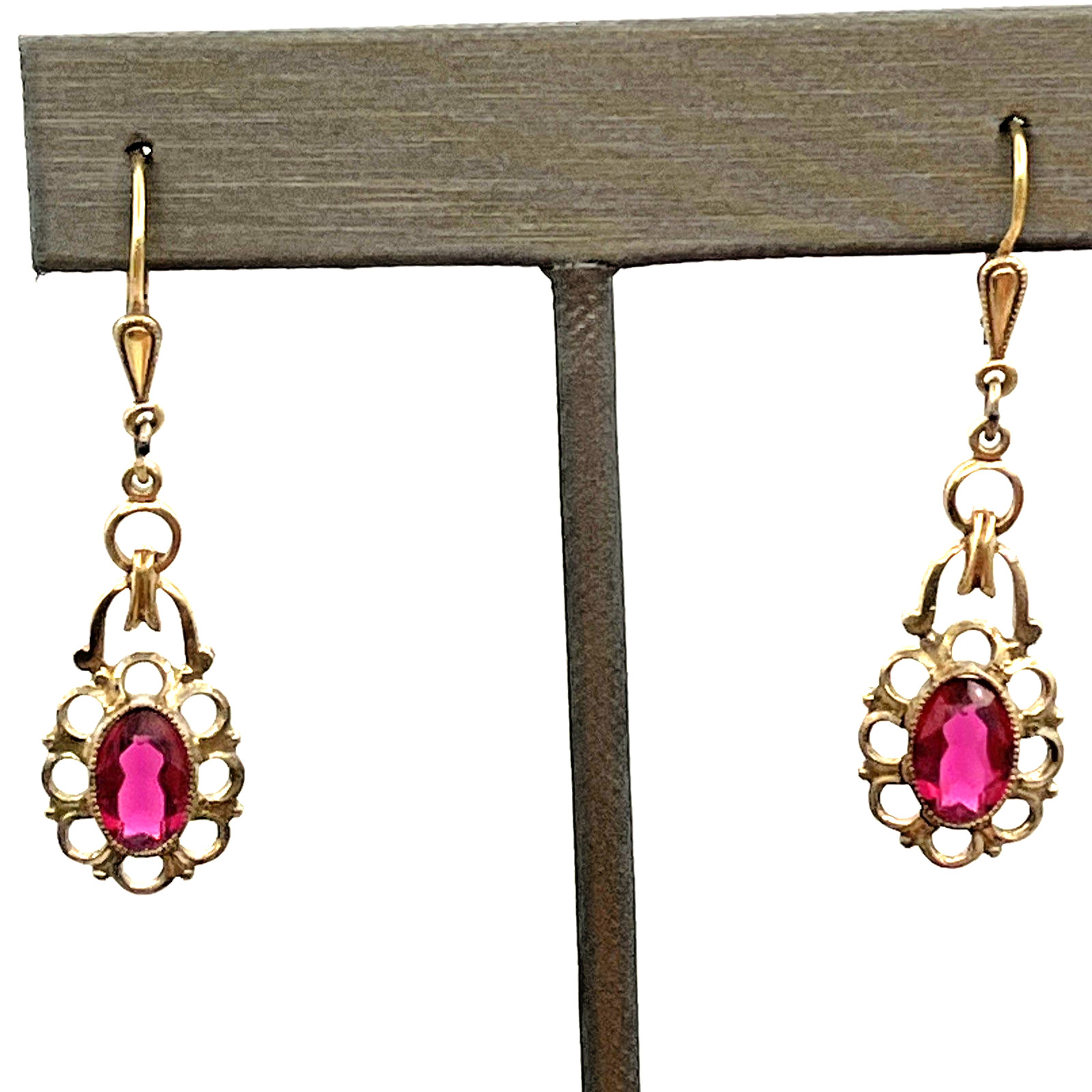 Vintage Art Deco Rolled Gold Red Ruby Simulated Pierced Earrings