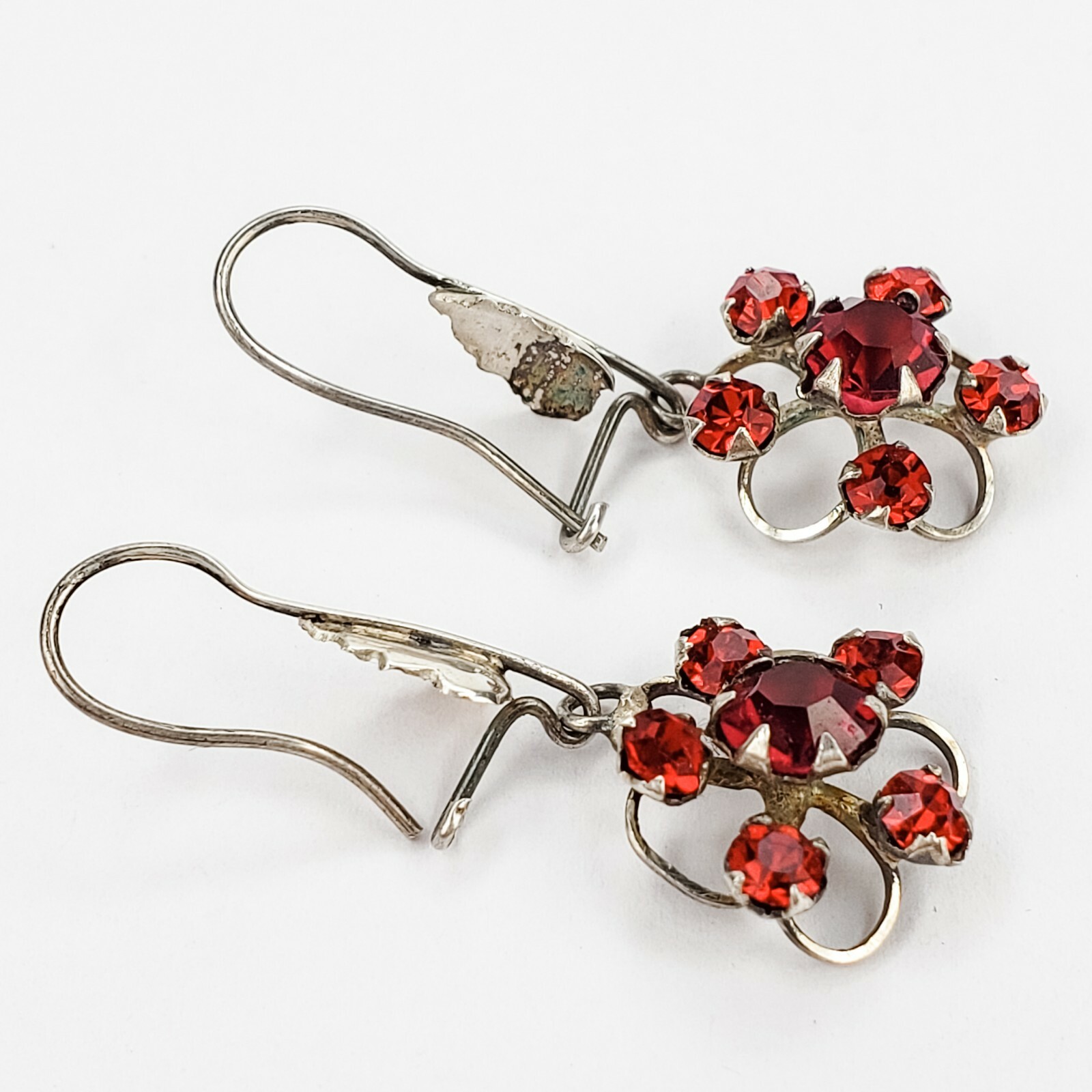 Vintage Silver Tone and Bright Red Rhinestone Earrings