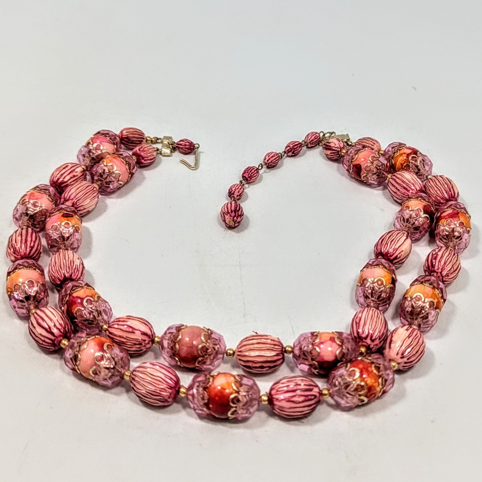 1960’s Hong Kong Double Strand Choker Bib Pink Orange Cap Bead Necklace 17-19″