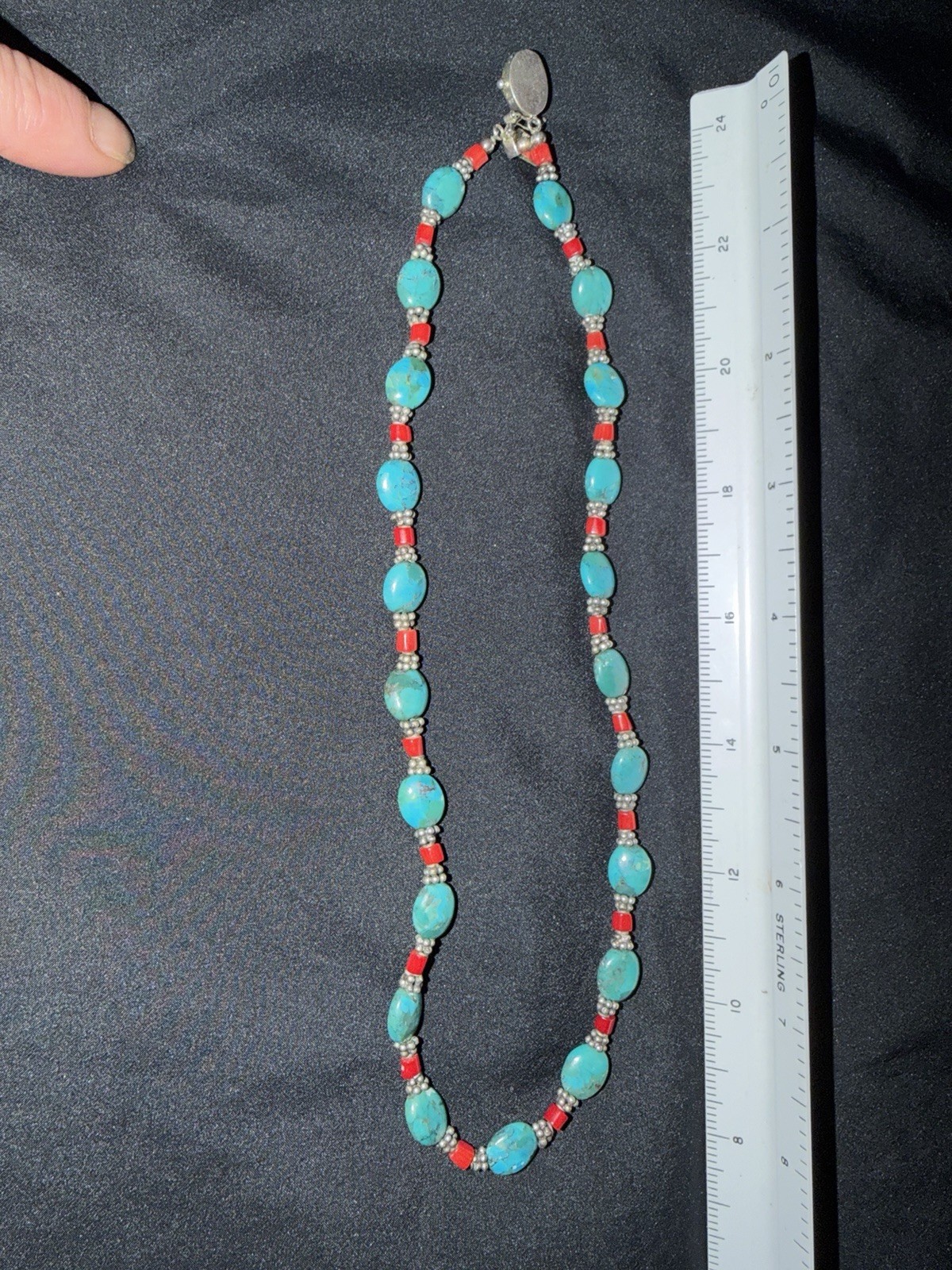 Vintage Turquoise And Natural Blood Red Coral & Pewter Silver 925 Clasp 16”