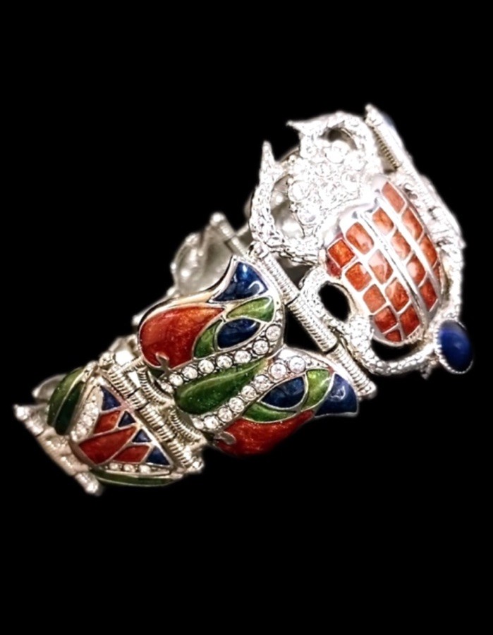 Vintage Signed EDGAR BEREBI Cleopatra Scarab Enamel & Crystal Link Bracelet 7.5”