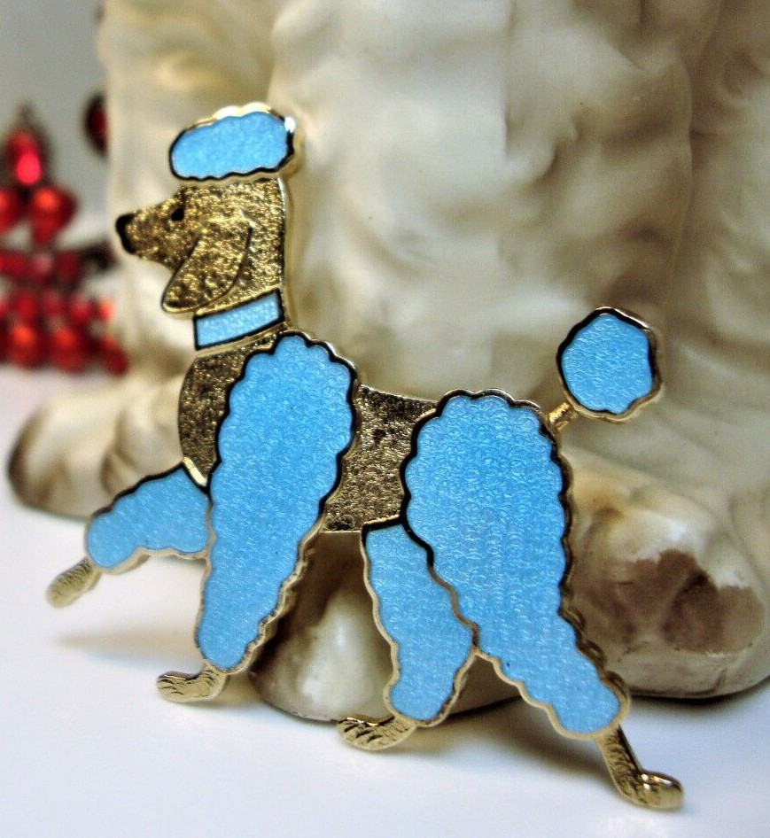 Blue Enamel Cloisonne/Guilloche Goldtone Poodle Brooch & Poodle Statue-Figurine