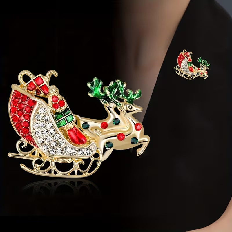 1pc Luxury Christmas Reindeer Brooch Pin Golden Plated Zinc Alloy Festive
