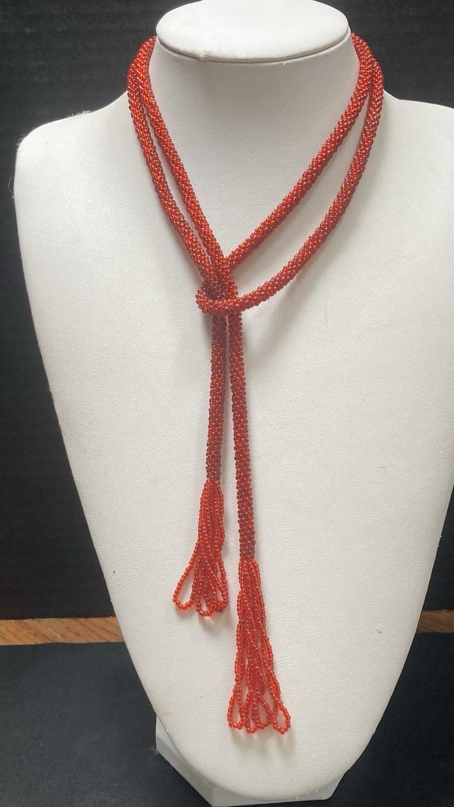Vintage Lariat Necklace Flapper Red Beaded Tassel 45” Soft Lightweight Easy
