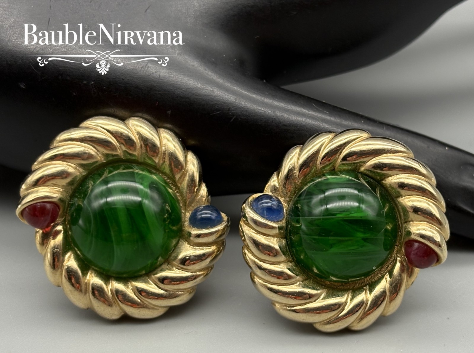 Vintage Jewels of India Gripoix Green Cable Design w/Cabochons Chunky Earrings