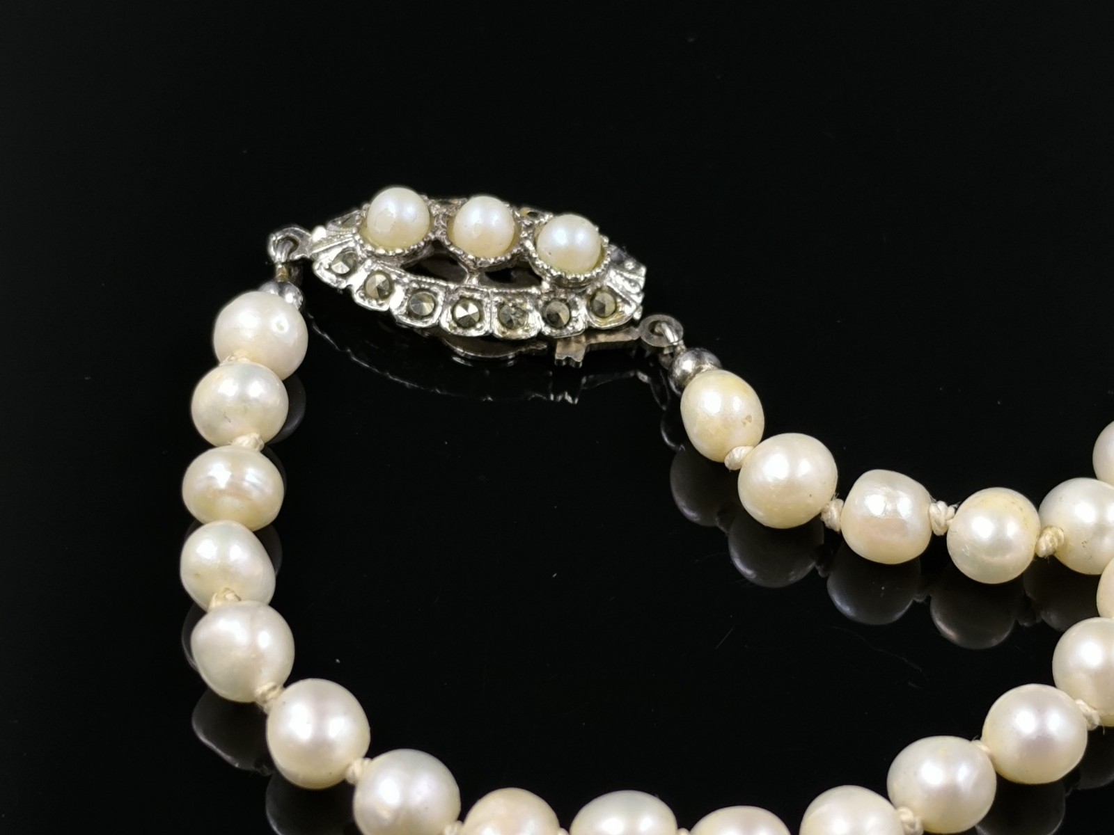 Vintage Cultured Pearl Necklace 925 Silver Natural Opal Pendant Marcasite Clasp