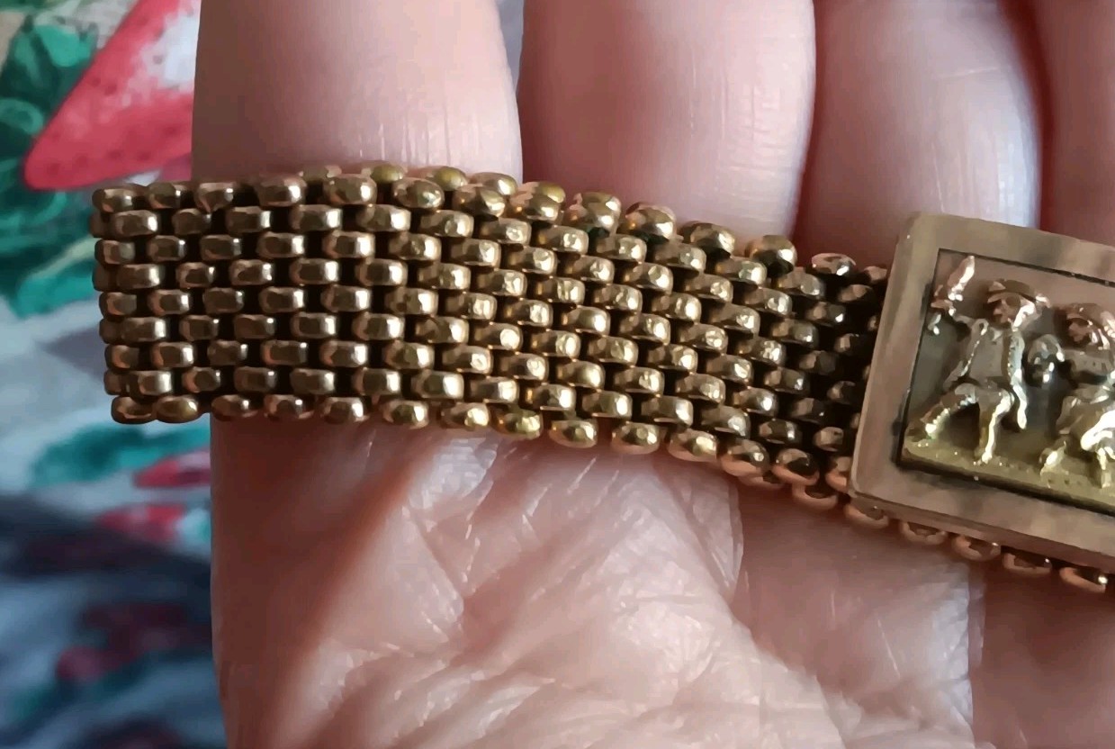 Antique *Damaged* Brass Mesh Link Bracelet Rectangle Clasp People Scene 7″