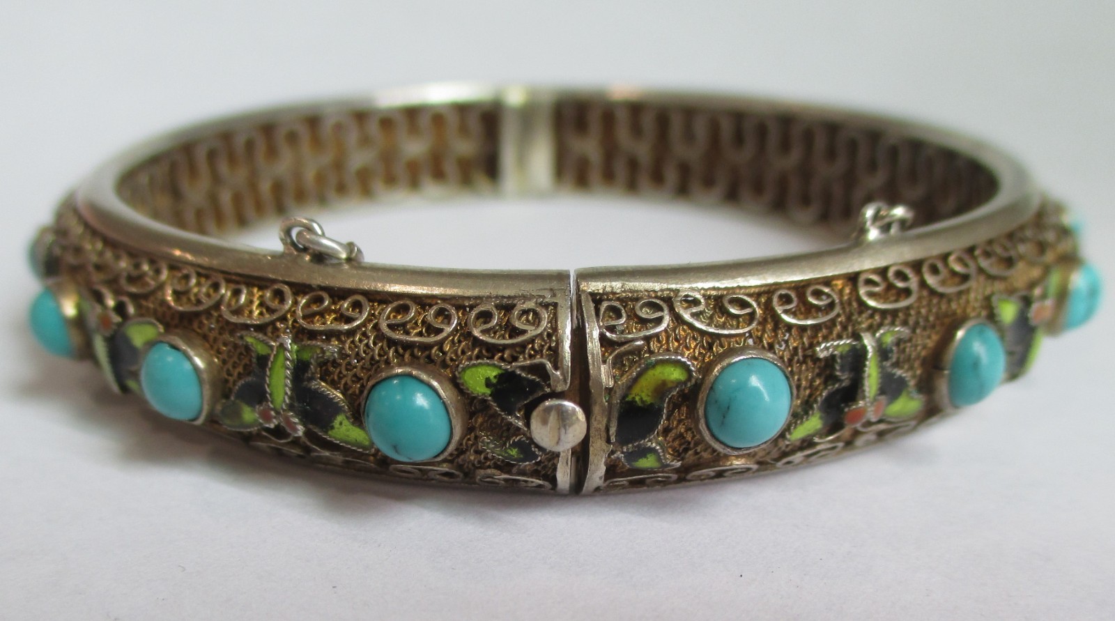 VINTAGE CHINESE STERLING SILVER ENAMEL TURQUOISE HINGED BANGLE BRACLET EXPORT