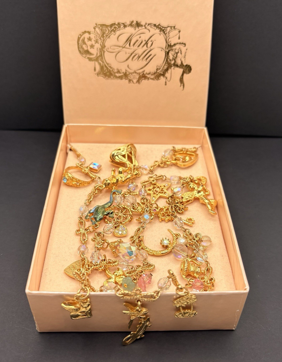 Kirks Folly Charm Necklace Angels Rings Hearts Frog Cat Alligator Crystals RARE