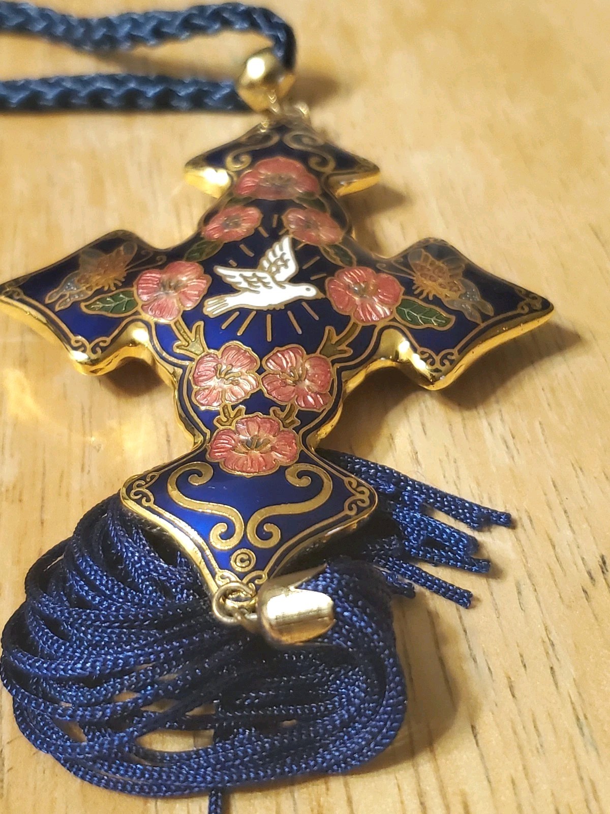 Vintage Cloisonne Cross Pendant Deep Blue with Goldtone Trim, 54.1 Grams Heavy