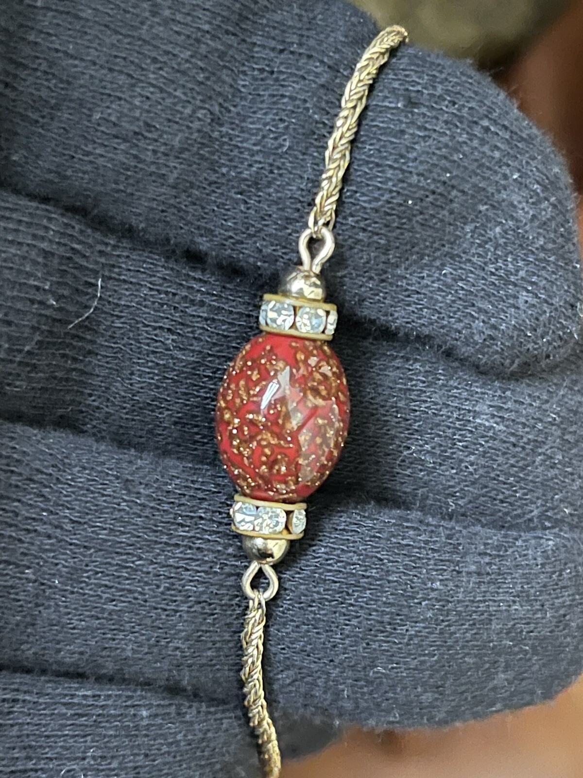VINTAGE HENKEL GROSSE GERMANY LONG GOLD TONE NECKLACE RED BEAD CRYSTAL 38” 1970’