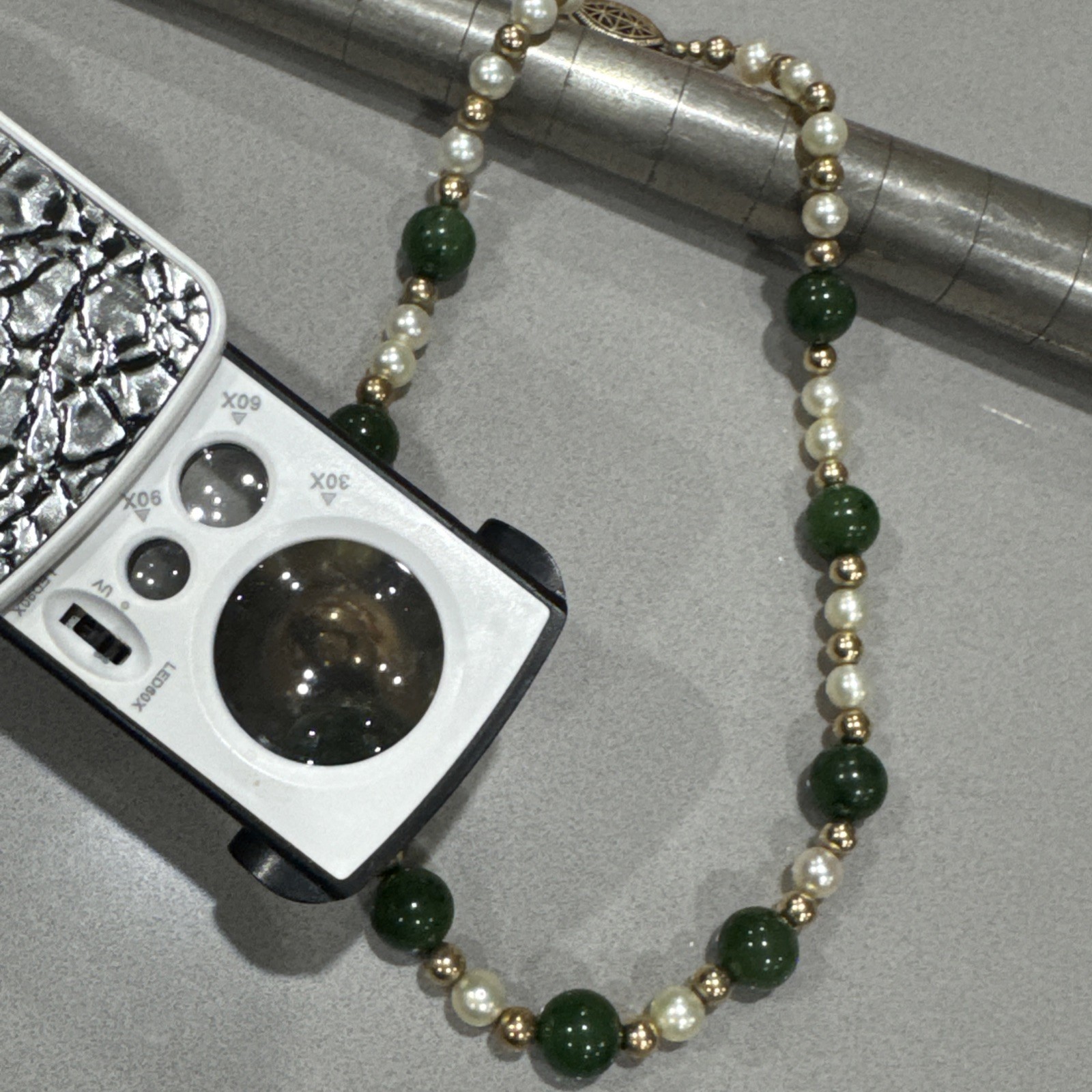 Vintage Green Jade Pearls GF Beads Sterling Filigree Gold Wash Clasp Necklace