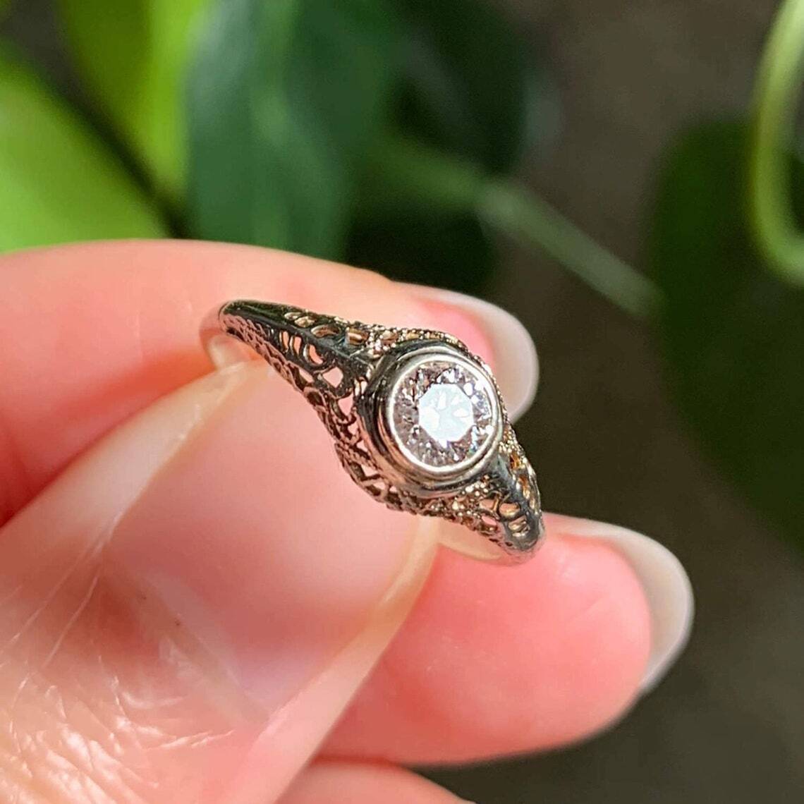 Filigree Solitaire Bezel Set Moissanite Vintage Retro Ring 935 Argentium Silver