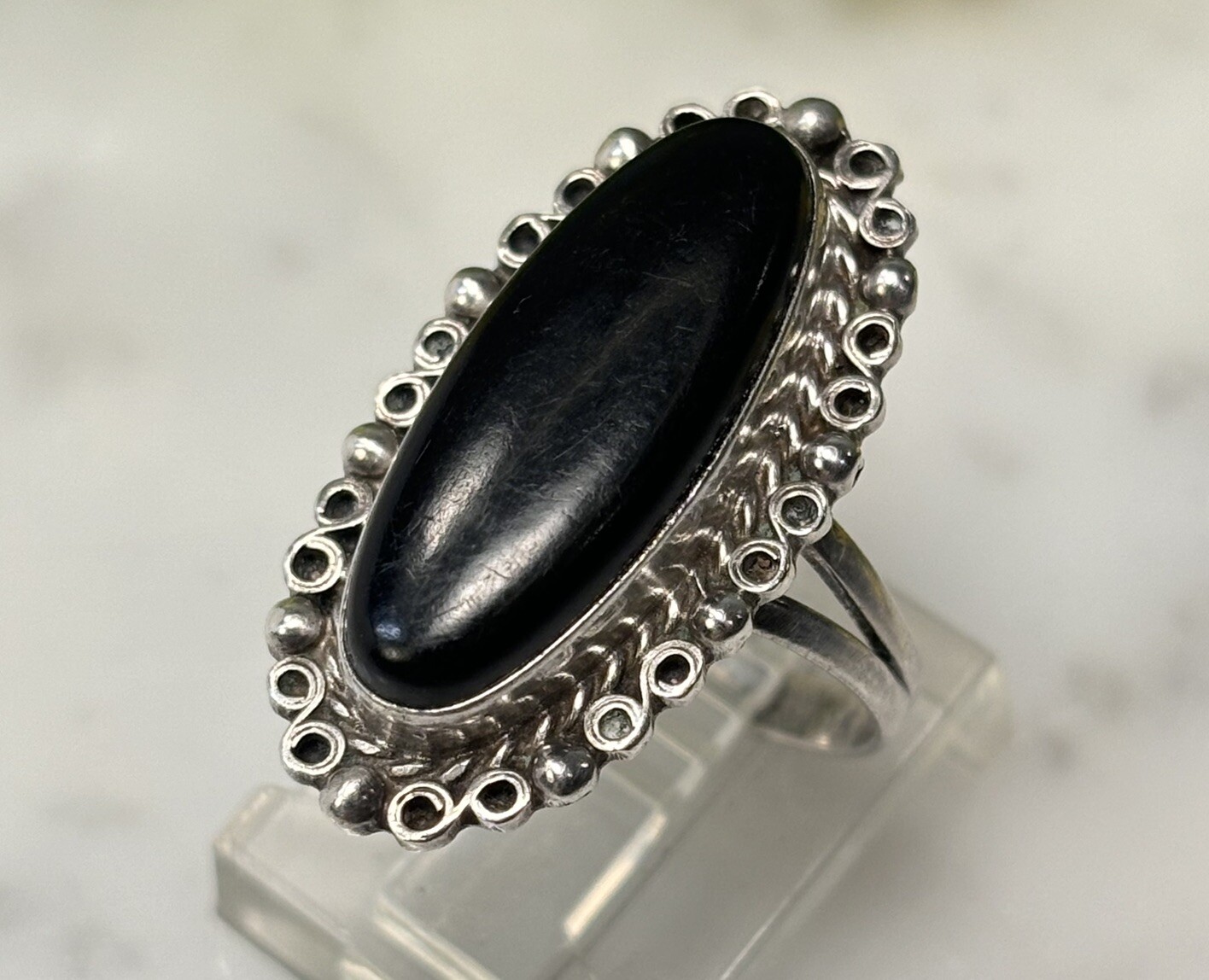 Vtg MEXICO Sterling Silver Black Onyx Large Oval Cabochon Split Band Ring Sz 6