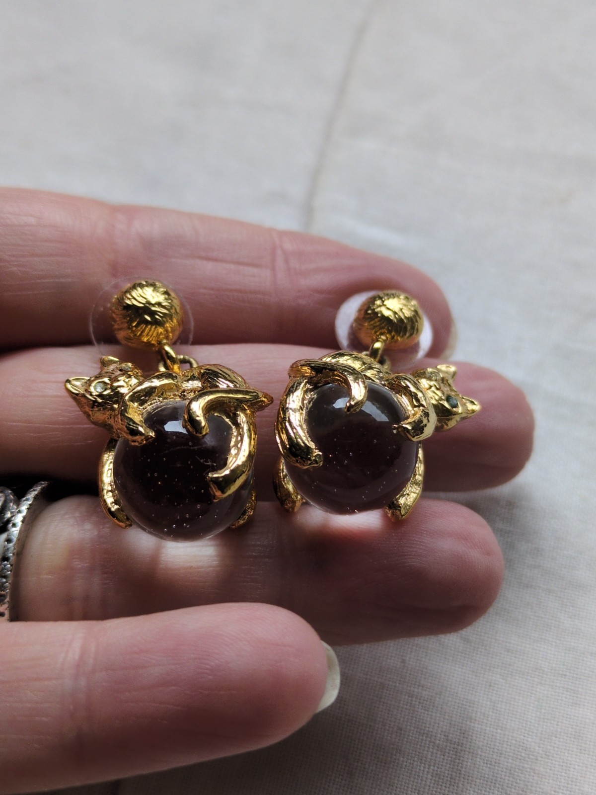 Vintage Cat Pool Of Light Gold Plate Earrings, Crystal Eyes