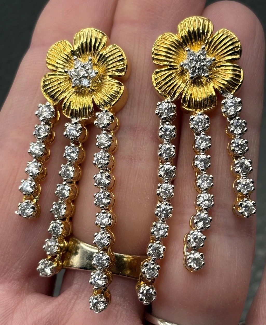 Gorgeous Cubic Zirconia Flower Gold Plated Chandelier Drop Pierced Earrings